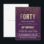 Purple | Gold Confetti 40th Birthday Party Invitation Postcard<br><div class="desc">Purple | Gold Confetti 40th Birthday Party Postcard Invitations. This formal, elegant, trendy, modern fortieth birthday party invitation is suitable for men or women. It comprises golden clean lines, stylish upper case gothic script, and sophisticated faux gold foil text on a royal purple background with showers of sparkling, shimmering gold...</div>