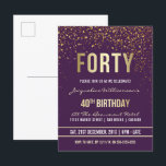 Purple | Gold Confetti 40th Birthday Party Invitation Postcard<br><div class="desc">Purple | Gold Confetti 40th Birthday Party Postcard Invitations. This formal, elegant, trendy, modern fortieth birthday party invitation is suitable for men or women. It comprises golden clean lines, stylish upper case gothic script, and sophisticated faux gold foil text on a royal purple background with showers of sparkling, shimmering gold...</div>