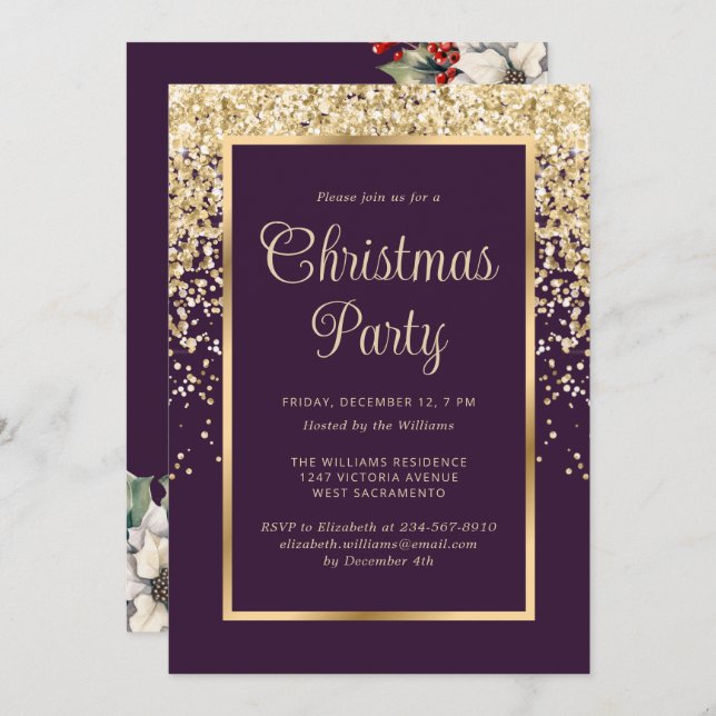 Purple Gold Confetti Botanical Christmas Party Invitation (Front/Back)