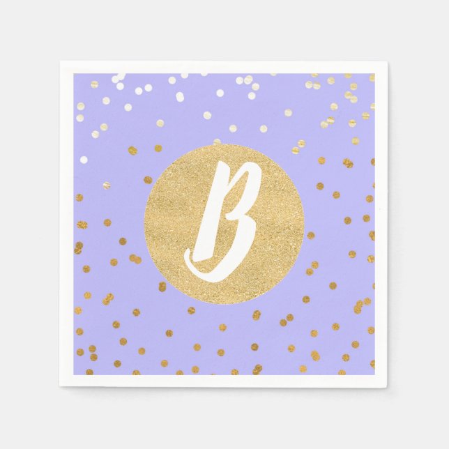 Purple & Gold Confetti Dots Modern Monogram Party Napkin (Front)