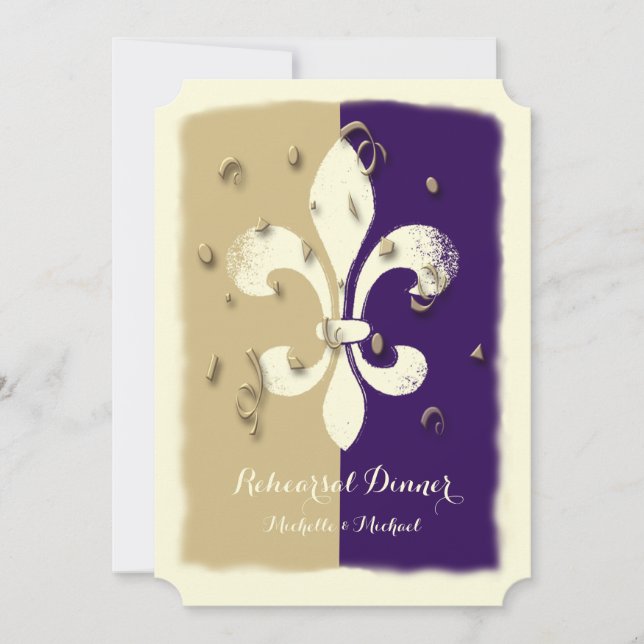 Purple Gold Confetti Fleur de Lis event Invitation (Front)