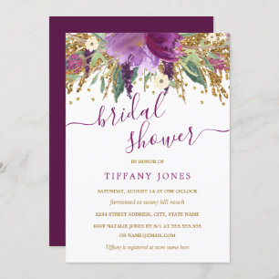 Purple Gold Confetti Floral Bridal Shower Invite
