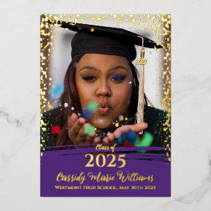 Purple Gold Confetti Foil Graduation Announcement