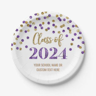 Purple Gold Confetti Graduation 2024 Paper Plate