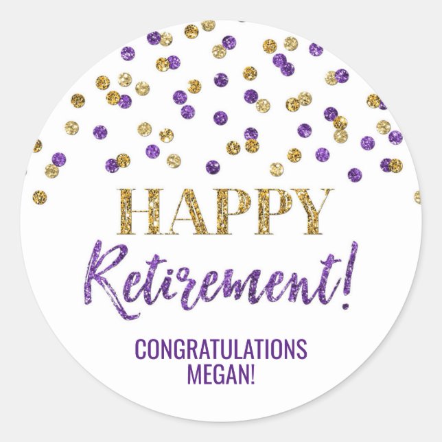 Purple Gold Confetti Happy Retirement Classic Round Sticker (Front)