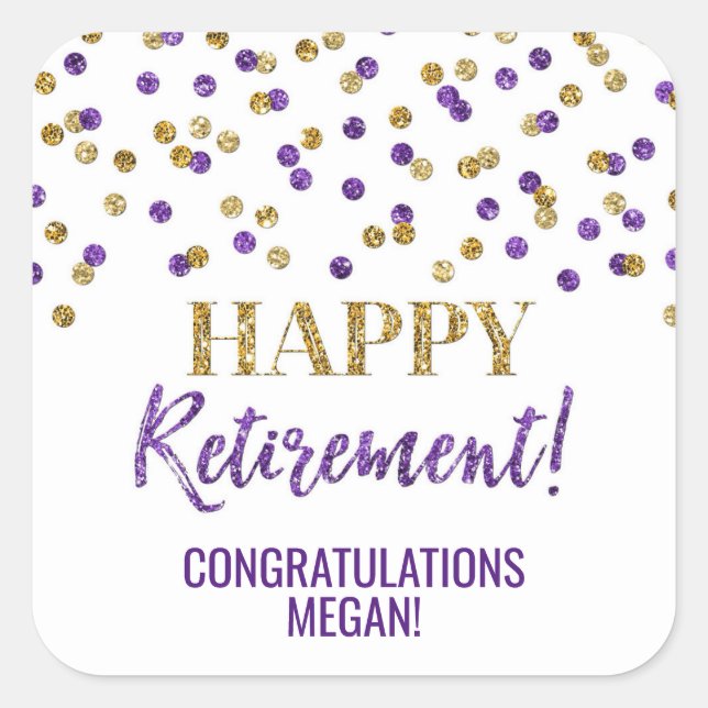 Purple Gold Confetti Happy Retirement Square Sticker (Front)