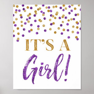 Purple Gold Confetti It's a Girl Baby Shower Sign