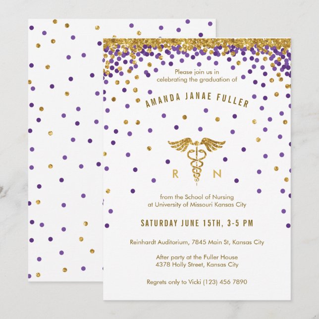 Purple & Gold Confetti Nurse Graduation Invitation (Front/Back)