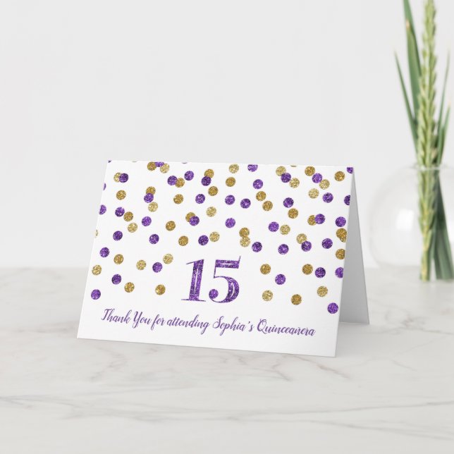 Purple Gold Confetti Quinceañera Thank You Card (Front)