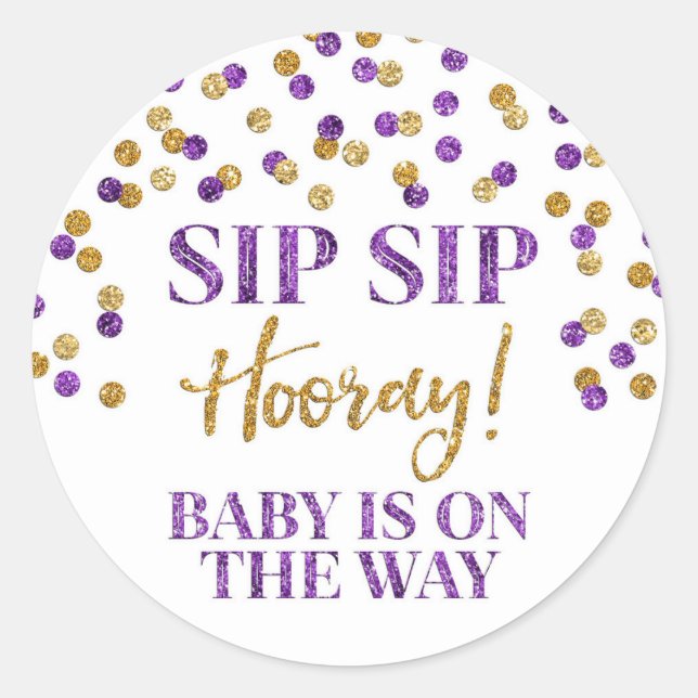 Purple Gold Confetti Sip Sip Hooray Classic Round Sticker (Front)