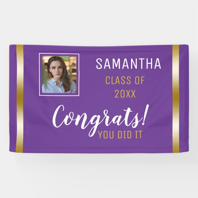 Purple Gold Congrats Graduate Photo Graduation Banner (Horizontal)
