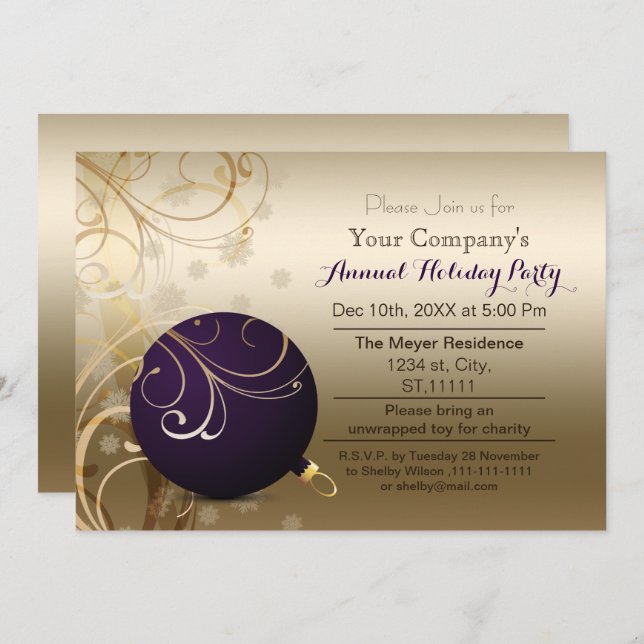 purple gold Corporate holiday party Invitation (Front/Back)