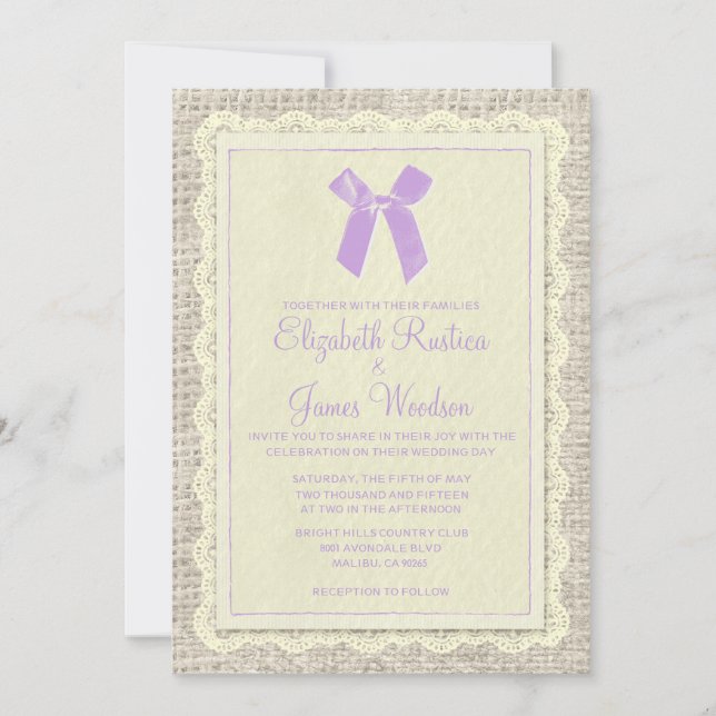 Purple & Gold Country Burlap Wedding Invitations (Front)