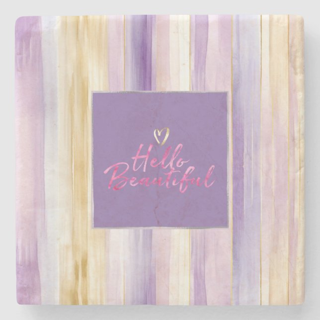 Purple Gold Cream Stripes Pink Hello   Stone Coaster (Front)