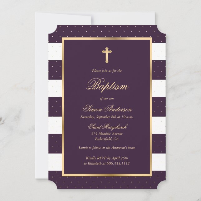 Purple Gold Cross Frame Elegant Boy Baptism Invitation (Front)