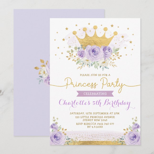 Purple Gold Crown Princess Birthday Lilac Floral Invitation (Front/Back)