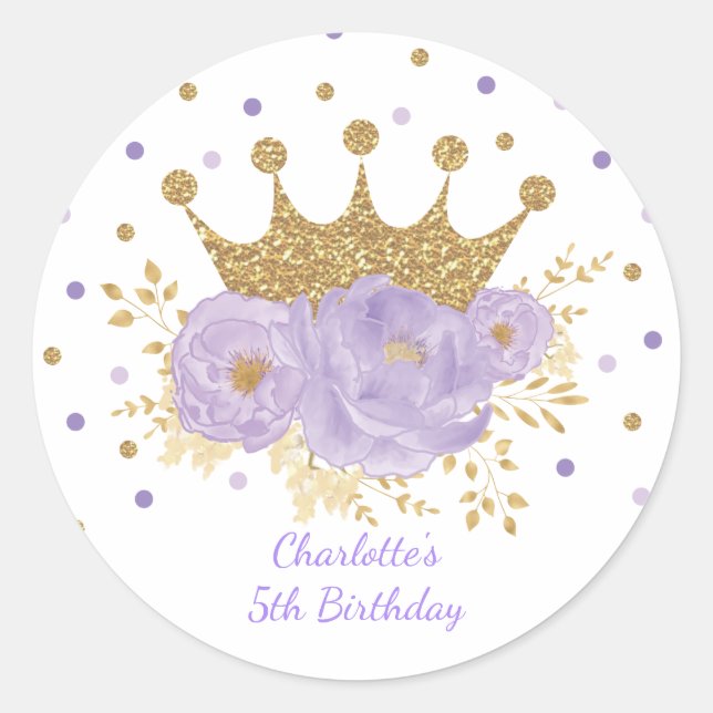 Purple Gold Crown Princess Floral Birthday Baby Classic Round Sticker (Front)