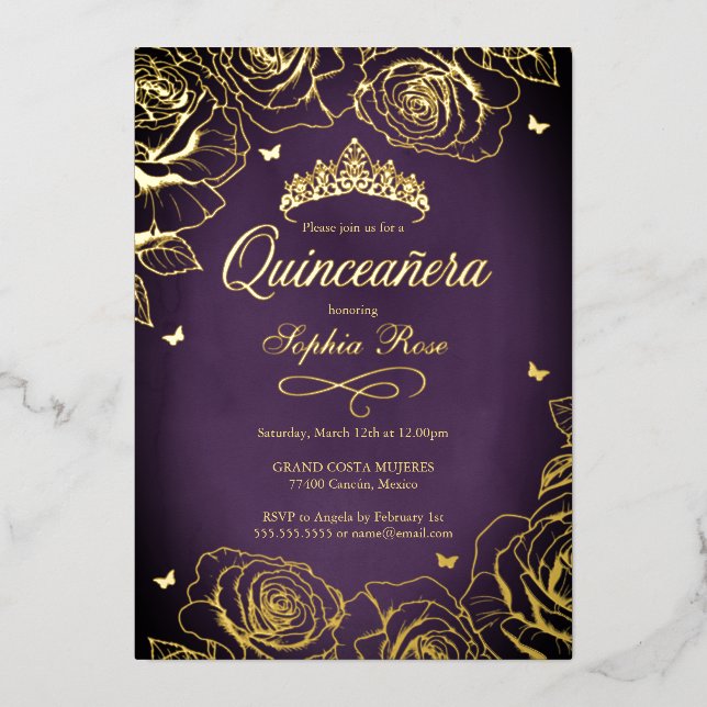 Purple Gold Crown Roses Theme Quinceanera  (Front)