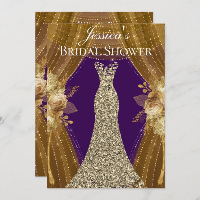 Purple & Gold Curtains Dress Bridal Shower Invite (Front/Back)
