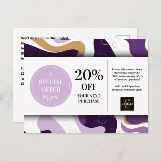 Purple Gold Custom Coupon Discount Postcard  (Front/Back)