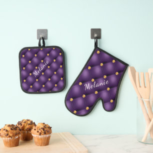 Purple Gold Diamond Tufted Custom Name Personalise Oven Mitt & Pot Holder Set