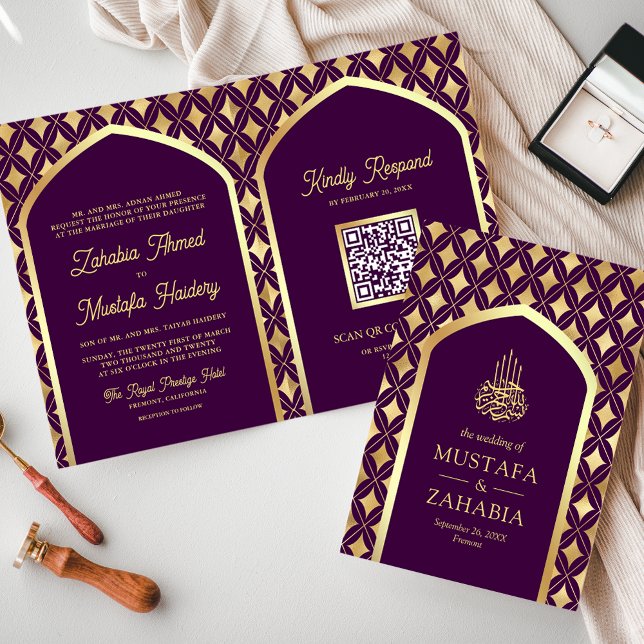 Purple Gold Diamonds Arch QR Code Muslim Wedding Invitation (Creator Uploaded)