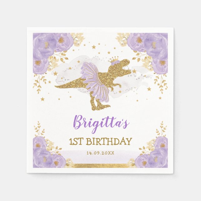 Purple Gold Dinosaur Ballerina Birthday Party Napkin (Front)