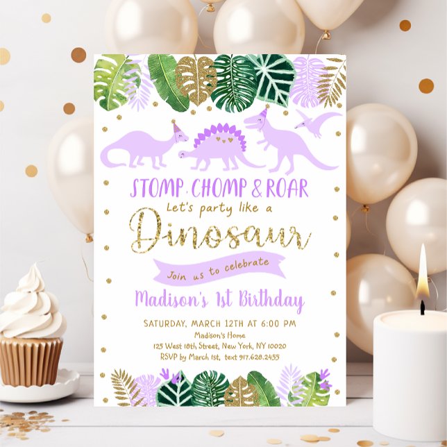 Purple Gold Dinosaur Girl Birthday Invitation (Creator Uploaded)
