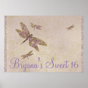 Purple & Gold Dragonflies Dragonfly Party Banner Poster