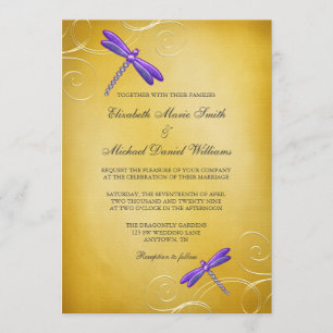 Purple Gold Dragonfly Swirls Wedding Invitation