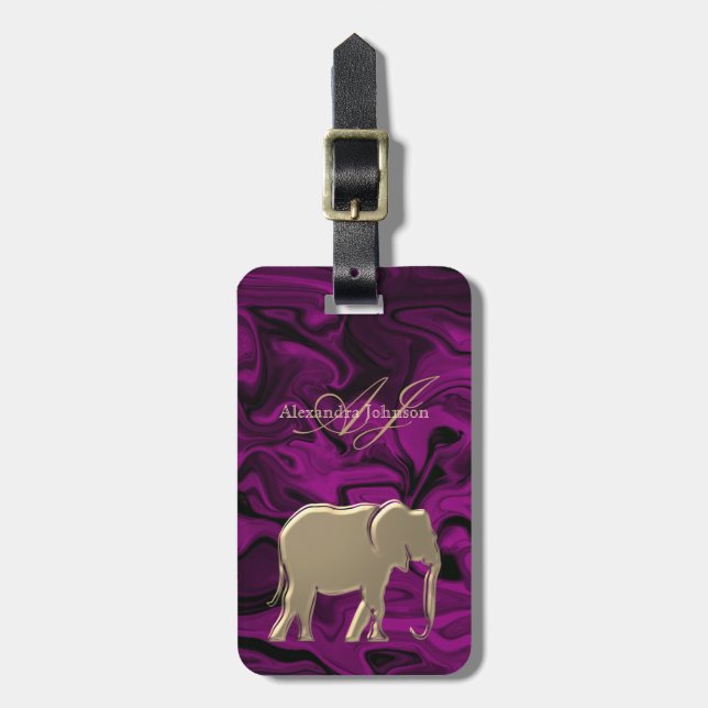 Purple Gold Elephant Monogram Luggage Tag (Front Vertical)