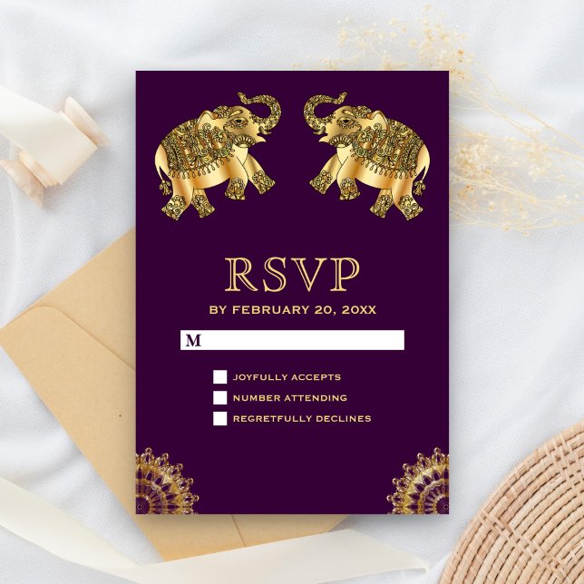 Purple Gold Ethnic Elephants Indian RSVP (Creator Uploaded)