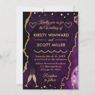 Purple & Gold Faux Glitter Agate Marble Wedding Invitation