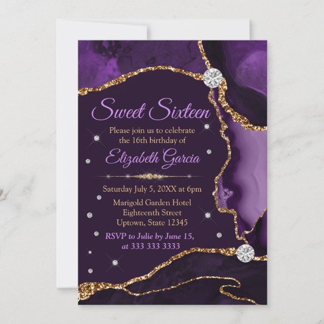 Purple & Gold Faux Glitter Agate Sweet 16 Invitation (Front)