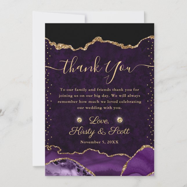 Purple & Gold Faux Glitter Agate Wedding Thank You Card (Front)