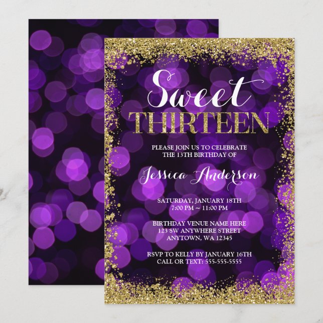 Purple Gold Faux Glitter Lights Sweet 13 Birthday Invitation (Front/Back)
