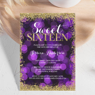 Purple Gold Faux Glitter Lights Sweet 16 Birthday Invitation