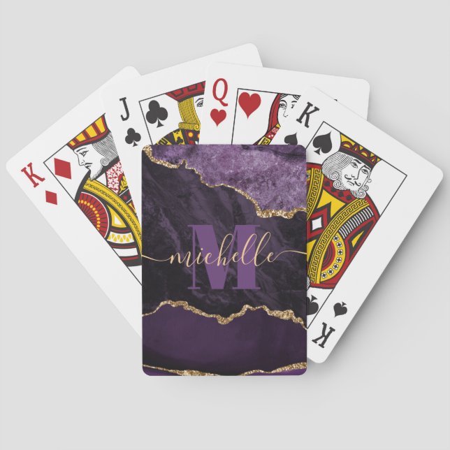 Purple & Gold Faux Glitter Marble Agate Playing Cards (Back)