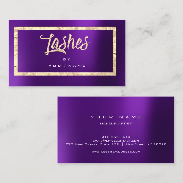 Purple Gold Faux Glitter Typograph Makeup Lashes Business Card (Front/Back)