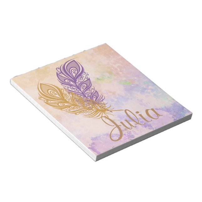 Purple & Gold Feathers Peach Watercolor Fantasy Notepad (Angled)