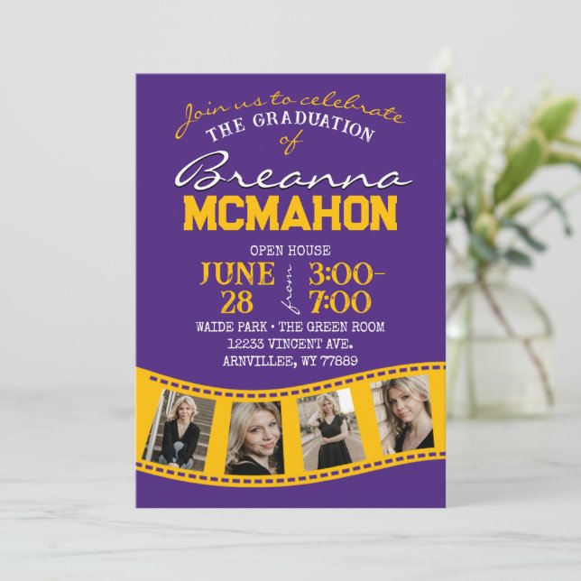 Purple & Gold Filmstrip 5 Photo Graduation Invitation (Standing Front)