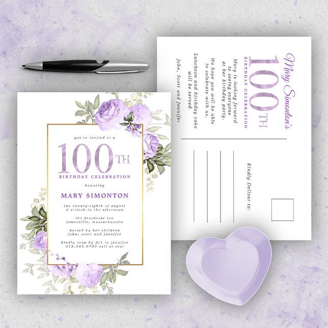 Purple Gold Floral 100th Birthday Party Invitation (Creator Uploaded)