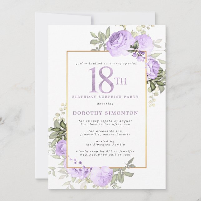 Purple Gold Floral 18th Birthday Surprise Party Invitation (Front)