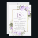 Purple Gold Floral 18th Birthday Surprise Party Invitation<br><div class="desc">Honour a special woman with this elegant and feminine 18th Birthday surprise party invitation. 18th is written in large purple text. Birthday Surprise Party follows. The honoured guest's name is also in purple capital letters. The remainder of the text is soft dove grey. The 18th birthday celebration details are surrounded...</div>