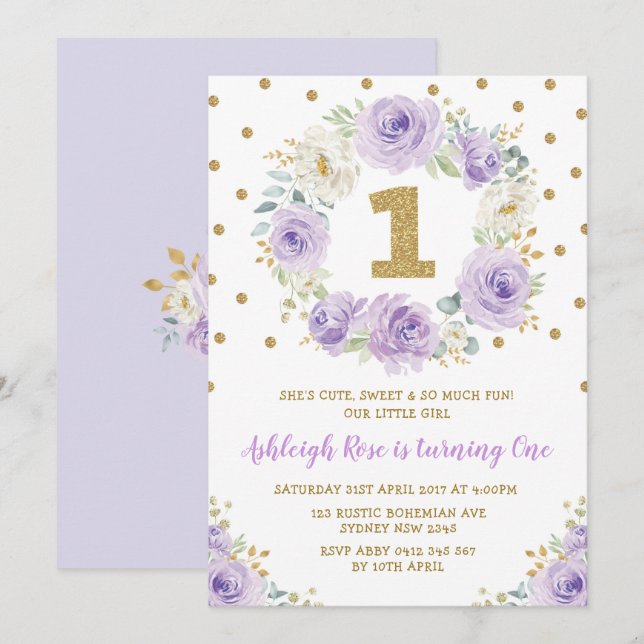 Purple Gold Floral 1st Birthday Wild One Party Invitation (Front/Back)