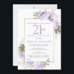 Purple Gold Floral 21st Birthday Surprise Party Invitation<br><div class="desc">Honour a special woman with this elegant and feminine 21st Birthday surprise party invitation. 21st is written in large purple text. Birthday Surprise Party follows. The honoured guest's name is also in purple capital letters. The remainder of the text is soft dove grey. The 21st birthday celebration details are surrounded...</div>
