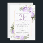 Purple Gold Floral 21st Birthday Surprise Party Invitation<br><div class="desc">Honour a special woman with this elegant and feminine 21st Birthday surprise party invitation. 21st is written in large purple text. Birthday Surprise Party follows. The honoured guest's name is also in purple capital letters. The remainder of the text is soft dove grey. The 21st birthday celebration details are surrounded...</div>
