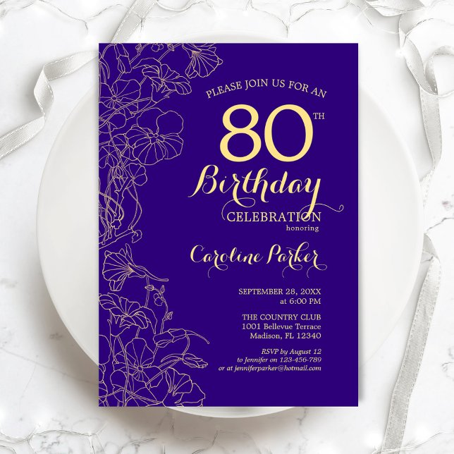 Purple Gold Floral 80th Birthday Party Invitation (Creator Uploaded)
