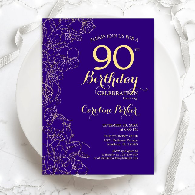 Purple Gold Floral 90th Birthday Party Invitation (Creator Uploaded)