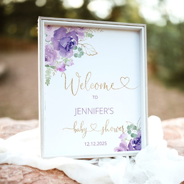 Purple gold floral baby shower welcome poster (Creator Uploaded)